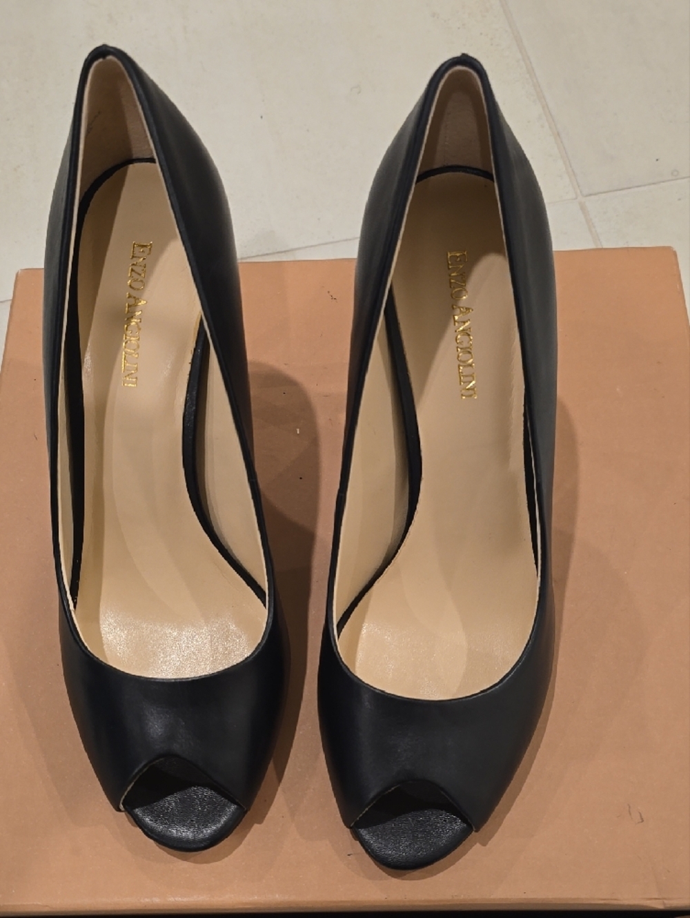 Enzo Angiolini Black Peep-Toe Leather Heels - Picture 2 of 12